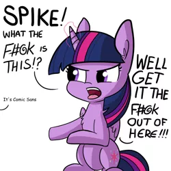 Size: 1024x1024 | Tagged: safe, artist:tjpones, derpibooru import, edit, twilight sparkle, twilight sparkle (alicorn), alicorn, pony, angry, censored vulgarity, comic sans, cute, dialogue, exploitable meme, font snob, get it the f#@k out of here, grawlixes, implied spike, magic, meme, offscreen character, open mouth, simple background, sitting, solo, twiabetes, vulgar, white background