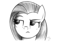 Size: 1527x1080 | Tagged: artist:flutterstormreturns, bust, derpibooru import, fluttershy, fluttershy is not amused, grayscale, looking away, monochrome, pencil drawing, portrait, raised eyebrow, safe, simple background, skeptical, solo, traditional art, white background