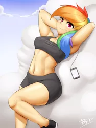 Size: 1500x2000 | Tagged: arm behind head, armpits, artist:burgerkiss, belly button, blushing, clothes, cloud, compression shorts, derpibooru import, female, human, humanized, looking at you, midriff, muscles, rainbow dash, rainbuff dash, sexy, shorts, solo, solo female, sports bra, sports shorts, suggestive