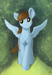 Size: 1260x1834 | Tagged: safe, artist:hirvi, derpibooru import, oc, oc:sorren, unofficial characters only, pegasus, pony, grass, jewelry, necklace, solo, tree, wings