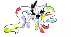 Size: 1075x566 | Tagged: safe, artist:haillee, derpibooru import, oc, oc:paschel colors, unofficial characters only, pegasus, pony, colorful, digital, ear fluff, flying, happy, mouth hold, ms paint, paint, paintbrush, simple background, smiling, solo, spread wings, white background