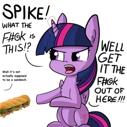 Size: 1024x1024 | Tagged: suggestive, artist:tjpones, derpibooru import, edit, twilight sparkle, twilight sparkle (alicorn), alicorn, pony, angry, censored vulgarity, comic sans, cute, dialogue, exploitable meme, food, get it the f#@k out of here, grawlixes, implied penis, implied spike, magic, meme, not porn, offscreen character, open mouth, sandwich, sandwich censorship, simple background, sitting, solo, twiabetes, vulgar, white background
