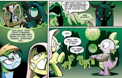 Size: 1040x661 | Tagged: safe, artist:andypriceart, derpibooru import, idw, fluttershy, queen chrysalis, rainbow dash, scootaloo, spike, twilight sparkle, changeling, changeling queen, dragon, pegasus, pony, unicorn, the return of queen chrysalis, spoiler:comic, spoiler:comic01, comic, female, filly, male, mare, official comic, unicorn twilight