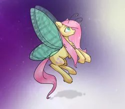 Size: 1024x890 | Tagged: antennae, artist:katarina-dash, blushing, butterfly wings, chest fluff, derpibooru import, floating, fluttershy, insect, looking up, profile, safe, solo, unshorn fetlocks