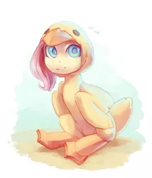 Size: 1600x1873 | Tagged: artist:aphphphphp, clothes, costume, derpibooru import, duck, flippers, flutterduck, fluttershy, looking at you, pegaduck, safe, sitting, solo