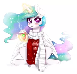 Size: 1314x1273 | Tagged: safe, artist:confetticakez, derpibooru import, princess celestia, clothes, coffee cup, cup, cute, cutelestia, looking at you, magic, scarf, simple background, smiling, solo, sweater, telekinesis, white background