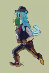 Size: 533x790 | Tagged: safe, artist:rhorse, deleted from derpibooru, derpibooru import, lyra heartstrings, oc, oc:anon, human, pony, unicorn, cowboy, cowboy hat, hat, piggyback ride, ponies riding humans, riding, simple background, spurs
