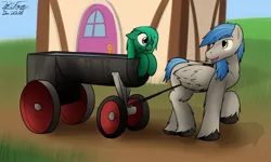 Size: 1280x767 | Tagged: safe, artist:the-furry-railfan, derpibooru import, oc, oc:depth charge, oc:featherweight, unofficial characters only, merpony, pegasus, pony, outdoors, ponyville, pulling, size difference, unshorn fetlocks, water