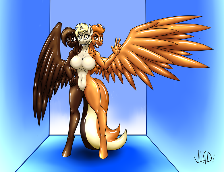 Size: 3994x3074 | Tagged: alicorn, anthro, artist:vladiverse, barbie doll anatomy, caramel flavouring, casual nudity, chocolate, conjoined, derpibooru import, female, food, goo, goo pony, grin, horn, ice cream, ice cream pony, lidded eyes, looking at you, multiple heads, nudity, open mouth, original species, peace sign, questionable, smiling, spread wings, three heads, unguligrade anthro, vanilla, wings
