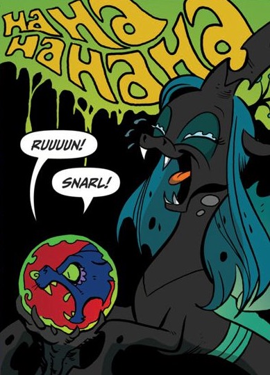 Size: 389x539 | Tagged: artist:andypriceart, changeling, changeling queen, chupacabra, crying, derpibooru import, idw, laughing, official comic, queen chrysalis, queen chrysalis's crystal ball, safe, spoiler:comic, spoiler:comic03, tears of laughter, the return of queen chrysalis