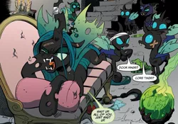 Size: 1040x729 | Tagged: artist:andypriceart, bandage, bandaged horn, bandaid, changeling, changeling guard, changeling queen, derpibooru import, female, idw, official comic, queen chrysalis, safe, speech bubble, spoiler:comic, spoiler:comic04, that awkward moment when you feel sorry for the villain, the return of queen chrysalis