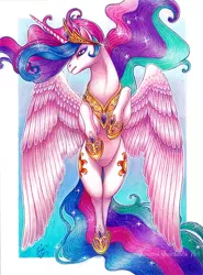 Size: 600x812 | Tagged: artist:lord-aragoon, both cutie marks, colored pencil drawing, derpibooru import, flying, princess celestia, safe, solo, traditional art, watercolor painting