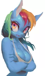 Size: 362x614 | Tagged: anthro, artist:derekireba, breasts, busty rainbow dash, derpibooru import, female, rainbow dash, simple background, solo, solo female, suggestive