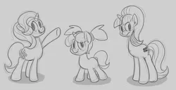 Size: 1280x663 | Tagged: safe, artist:benja, derpibooru import, starlight glimmer, pony, unicorn, angry, blushing, equal cutie mark, female, filly, filly starlight glimmer, grayscale, happy, monochrome, multeity, no pupils, open mouth, pigtails, raised hoof, s5 starlight, self ponidox, sketch, smiling, triality, trio, triple the glimmer, underhoof, younger