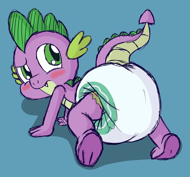 Size: 1500x1400 | Tagged: questionable, artist:fillyscoots42, derpibooru import, spike, blushing, clean diaper, cute, diaper, diaper fetish, image, jpeg, looking back, male, poofy diaper, solo, solo male, spikabetes