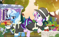 Size: 2571x1609 | Tagged: safe, artist:pixelkitties, derpibooru import, starlight glimmer, trixie, pony, unicorn, apple, apron, autumn, carrot, cheese, clothes, cookie, food, grapes, pie, pilgrim, pilgrim outfit, potato, salad, thanksgiving, trixie's wagon