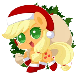 Size: 600x600 | Tagged: applejack, artist:exceru-karina, chibi, christmas, cute, derpibooru import, freckles, hat, hnnng, holiday, jackabetes, looking at you, no pupils, open mouth, safe, santa hat, simple background, smiling, solo, transparent background