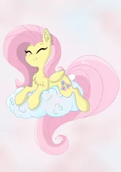 Size: 2456x3484 | Tagged: safe, artist:meowmavi, derpibooru import, fluttershy, pegasus, pony, chest fluff, cloud, ear fluff, eyes closed, folded wings, lying down, prone, smiling, solo, wings