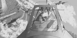 Size: 3000x1500 | Tagged: safe, artist:starrypallet, derpibooru import, oc, unofficial characters only, pegasus, pony, b 17, b17 flying fortress, black and white, bomber, clothes, cloud, dogfight, german, grayscale, jet, jet fighter, me 262, messerschmitt me 262, monochrome, nazi, pilot, plane, sky, solo, uniform, war, world war ii