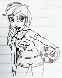 Size: 656x824 | Tagged: safe, artist:fuzzyfurvert, derpibooru import, rainbow dash, human, equestria girls, cutie mark, football, grayscale, lined paper, monochrome, sketch, solo, traditional art