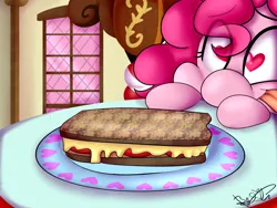 Size: 4000x3000 | Tagged: safe, artist:befishproductions, derpibooru import, pinkie pie, cheese, food, grilled cheese, heart eyes, literal, sandwich, signature, solo, wingding eyes