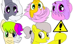 Size: 2000x1200 | Tagged: safe, artist:toyminator900, derpibooru import, oc, oc:andandampersand, oc:aureai gray, oc:beauty cheat, oc:melody notes, oc:osha, unofficial characters only, earth pony, pegasus, pony, female, looking at you, mare, open mouth, sign, simple background, smiling, transparent background