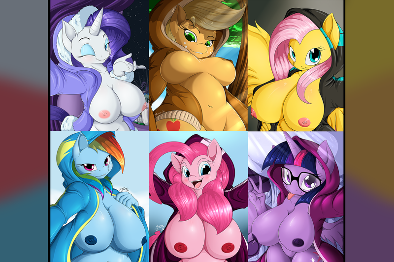 Size: 2160x1440 | Tagged: questionable, artist:suirano, derpibooru import, applejack, fluttershy, pinkie pie, rainbow dash, rarity, twilight sparkle, twilight sparkle (alicorn), alicorn, anthro, earth pony, pegasus, unicorn, :p, adonis belt, adorasexy, adorkable, adorkasexy, belly button, big breasts, blushing, boob freckles, bottomless, breasts, busty applejack, busty fluttershy, busty pinkie pie, busty rainbow dash, busty rarity, busty twilight sparkle, chest freckles, clothes, colored pupils, costume, crepuscular rays, cute, dangerous mission outfit, dork, female, flankles, freckles, glasses, goggles, gradient background, happy, hoodie, huge breasts, lidded eyes, looking at you, low angle, mane six, naked hoodie, night, night sky, nipples, nudity, one eye closed, open clothes, open shirt, partial nudity, peace sign, scenery, selfie, sexy, smiling, solo, solo female, sweater, technicolor nipples, tongue out, tree, underboob, wink