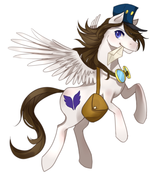 Size: 861x929 | Tagged: safe, artist:ezabor, derpibooru import, oc, oc:arcanel, unofficial characters only, pegasus, pony, 2017 community collab, derpibooru community collaboration, goggles, letter, looking at you, mailpony, male, saddle bag, simple background, smiling, solo, stallion, transparent background