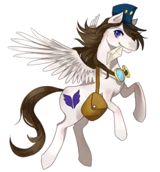 Size: 861x929 | Tagged: safe, artist:ezabor, derpibooru import, oc, oc:arcanel, unofficial characters only, pegasus, pony, 2017 community collab, derpibooru community collaboration, goggles, letter, looking at you, mailpony, male, saddle bag, simple background, smiling, solo, stallion, transparent background