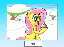 Size: 2813x2083 | Tagged: safe, artist:bbqninja501st, derpibooru import, fluttershy, bird, pony, advent calendar, cute, happy, hoof hold, open mouth, shyabetes, sitting, smiling, snow, solo, winter