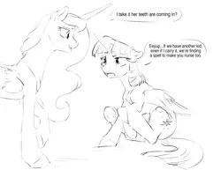 Size: 1280x989 | Tagged: safe, artist:silfoe, derpibooru import, princess luna, twilight sparkle, twilight sparkle (alicorn), alicorn, pony, other royal book, black and white, crotchboobs, dialogue, female, grayscale, implied nursing, implied suckling, lesbian, magical lesbian spawn, monochrome, nudity, offspring, parent:princess luna, parent:twilight sparkle, parents:twiluna, shipping, simple background, sketch, speech bubble, twiluna, white background