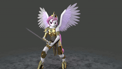 Size: 1280x720 | Tagged: 3d, animated, anthro, armor, artist:creatorofpony, artist:juicedane, artist:stellarator, blender, cycles, derpibooru import, gif, pink hair, pink mane, pink-mane celestia, princess celestia, safe, solo, sword, turntable, unguligrade anthro, weapon, wings, younger