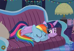 Size: 2795x1938 | Tagged: safe, artist:shutterflyeqd, derpibooru import, rainbow dash, twilight sparkle, twilight sparkle (alicorn), alicorn, pony, blushing, couch, cute, eyes closed, female, hug, lesbian, lidded eyes, night, prone, shipping, sleeping, smiling, snow, snowfall, twidash, window, wing blanket, winghug, winter