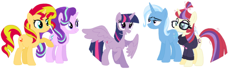 Size: 1024x310 | Tagged: safe, artist:tacygirl, derpibooru import, moondancer, starlight glimmer, sunset shimmer, trixie, twilight sparkle, twilight sparkle (alicorn), alicorn, pony, counterparts, lidded eyes, magical quartet, magical quintet, magical trio, raised hoof, simple background, smiling, spread wings, transparent background, twilight's counterparts