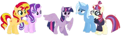 Size: 1024x310 | Tagged: safe, artist:tacygirl, derpibooru import, moondancer, starlight glimmer, sunset shimmer, trixie, twilight sparkle, twilight sparkle (alicorn), alicorn, pony, counterparts, lidded eyes, magical quartet, magical quintet, magical trio, raised hoof, simple background, smiling, spread wings, transparent background, twilight's counterparts