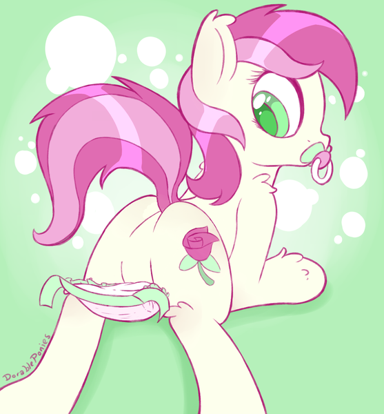 Size: 1300x1400 | Tagged: questionable, artist:dorableponies, derpibooru import, edit, editor:scootsriver, roseluck, earth pony, pony, colored pupils, diaper, diaper fetish, featureless crotch, female, mare, pacifier, solo, solo female