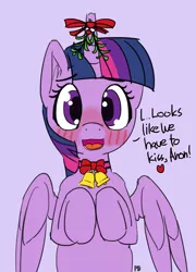 Size: 1280x1782 | Tagged: safe, artist:pabbley, derpibooru import, twilight sparkle, twilight sparkle (alicorn), alicorn, pony, bell, blushing, bow, bronybait, collar, dialogue, implied anon, looking at you, mistletoe, mistletoe horn, open mouth, solo, spread wings