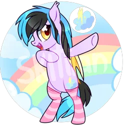 Size: 1500x1500 | Tagged: safe, artist:sugguk, derpibooru import, oc, oc:thunder clouds, unofficial characters only, bat pony, pony, bipedal, clothes, female, mare, rainbow, socks, solo, striped socks, watermark