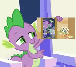 Size: 559x490 | Tagged: safe, derpibooru import, edit, edited screencap, idw, screencap, spike, twilight sparkle, twilight sparkle (alicorn), alicorn, pony, the crystalling, the cutie re-mark, viva las pegasus, accepted meme that never ends, comic book meme, exploitable meme, forced meme, las pegasus portrait, meme, obligatory pony, portal, spike holding a paper, the meme that never ends