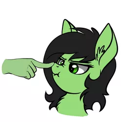 Size: 1046x1055 | Tagged: safe, artist:duop-qoub, derpibooru import, oc, oc:anon, oc:anonfilly, unofficial characters only, annoyed, boop, bust, chest fluff, cross-eyed, ear fluff, female, filly, fluffy, frown, glare, hand, lidded eyes, nose wrinkle, portrait, scrunchy face, simple background, solo focus, white background