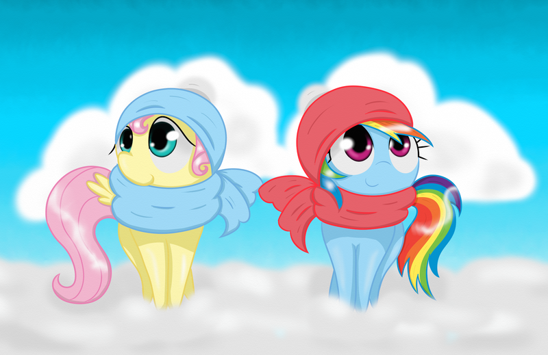 Size: 1999x1298 | Tagged: artist:springveil, clothes, cloud, derpibooru import, fluttershy, rainbow dash, safe, scarf