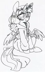 Size: 814x1307 | Tagged: source needed, safe, artist:briskby, derpibooru import, twilight sparkle, twilight sparkle (alicorn), alicorn, pony, alternate hairstyle, clothes, cute, glasses, hoodie, sitting, sketch, smiling, solo, spread wings, traditional art