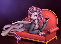 Size: 3824x2800 | Tagged: safe, artist:l1nkoln, derpibooru import, oc, oc:shadowgale, unofficial characters only, hybrid, original species, alcohol, clothes, couch, jacket, side, solo, wine, wine glass