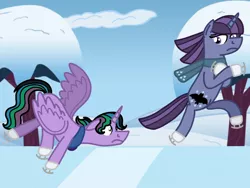 Size: 2048x1536 | Tagged: safe, artist:kindheart525, derpibooru import, oc, oc:moonstone, oc:velvet shade, unofficial characters only, alicorn, pony, kindverse, alicorn oc, clothes, face down ass up, ice skates, ice skating, magical lesbian spawn, majestic, majestic as fuck, next generation, offspring, parent:good king sombra, parent:king sombra, parent:maud pie, parent:princess celestia, parent:trixie, parents:celestibra, parents:mauxie, scarf, tripping
