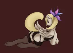 Size: 1280x929 | Tagged: suggestive, artist:red, derpibooru import, oc, oc:claire, unofficial characters only, pegasus, pony, clothes, corset, female, mare, panties, solo, solo female, stockings, underwear