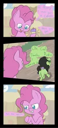 Size: 1286x2828 | Tagged: safe, artist:happy harvey, derpibooru import, pinkie pie, oc, oc:anon, oc:anonfilly, earth pony, pony, cherry, cloud, colored, comic, cupcake, dastardly, dialogue, dirt, dock, drawn on phone, evil, evil grin, evil laugh, evil pinkie pie, featureless crotch, female, filly, food, grass, grin, looking back, looking down, mare, mischievous, rear view, road, smiling, this will end in death, this will end in pain, this will end in tears, this will end in tears and/or death, this will not end well, town, trotting
