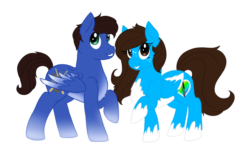 Size: 2500x1500 | Tagged: safe, artist:wintaura, derpibooru import, oc, oc:chiarascura, oc:melody guardian, unofficial characters only, pegasus, pony, 2017 community collab, derpibooru community collaboration, chest fluff, chialody, couple, ear fluff, female, male, mare, raised hoof, simple background, smiling, spread wings, stallion, straight, transparent background