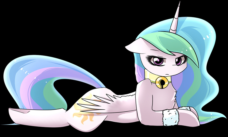 Size: 1386x834 | Tagged: artist:php69, bell, bell collar, black background, collar, derpibooru import, princess celestia, prone, safe, simple background, solo