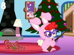 Size: 1024x768 | Tagged: safe, artist:bronybyexception, derpibooru import, ruby pinch, twist, pony, a christmas story, advent calendar, animal costume, broken glasses, bunny costume, candy, candy cane, christmas, christmas tree, clothes, costume, cutie mark, fireplace, food, gun, hearth's warming eve, leg lamp, major award, pellet gun, picture, this will end in tears, this will end with somepony losing an eye, tree, weapon