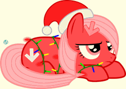 Size: 800x563 | Tagged: safe, artist:arifproject, derpibooru import, oc, oc:downvote, ponified, unofficial characters only, pony, derpibooru, animated, christmas lights, cute, derpibooru ponified, gif, hair accessory, hat, meta, santa hat, simple background, solo, unamused, white background